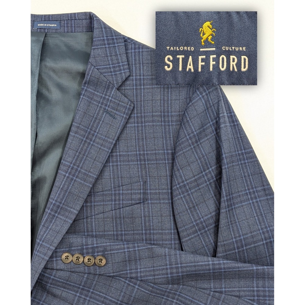New No Tags Stafford Blazer Sport Coat Suit Jacket Window Pane‎ Wool Blend 46L